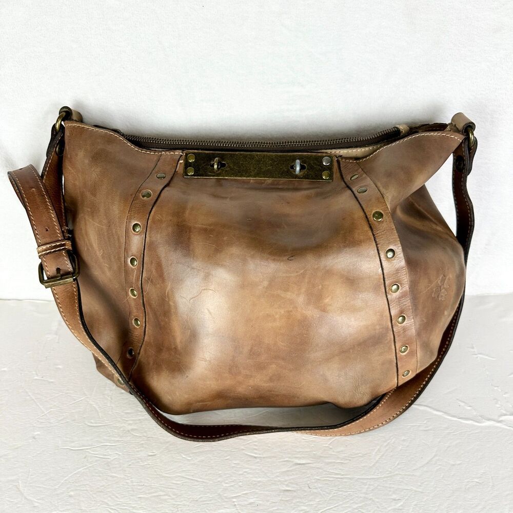 Patricia Nash Leather Hobo Bag Brass Turn Lock Studded Distressed Leather